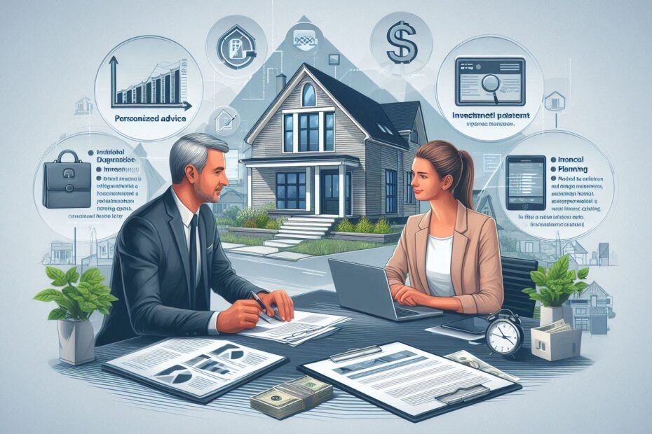 A homebuyer sits with a real estate consultant at a desk, reviewing documents and discussing market trends with a modern house visible in the background, symbolizing the dream home. The image highlights the benefits of personalized advice, financial planning, and expert collaboration when hiring a consultant.