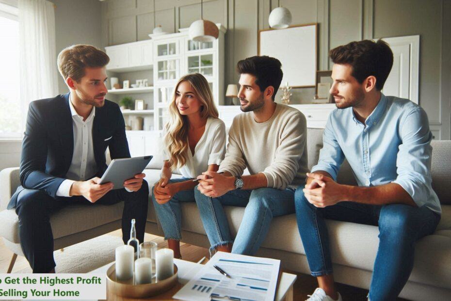 A team of real estate experts and a realtor discuss home-selling strategies with engaged homeowners in a stylish, well-staged living room. The male consultant and female realtor, dressed professionally, use a tablet and documents to showcase their expertise. The high-end decor, natural lighting, and modern furnishings create an inviting ambiance, symbolizing a profitable home sale process.